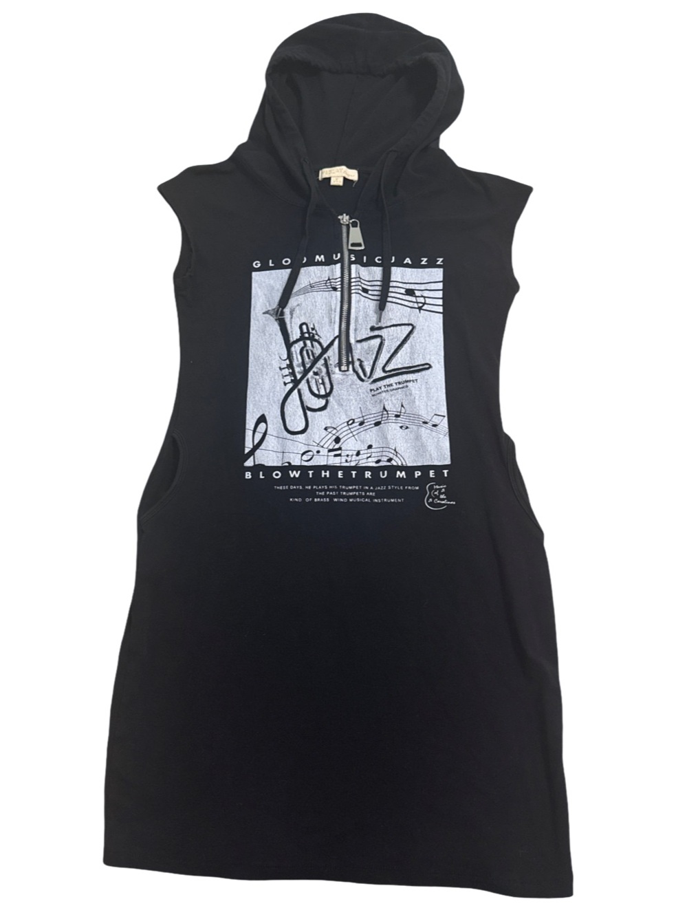 NESLAY Design M Black Jazz Trumpet Graphic Hooded Mini Dress Tunic Y2K